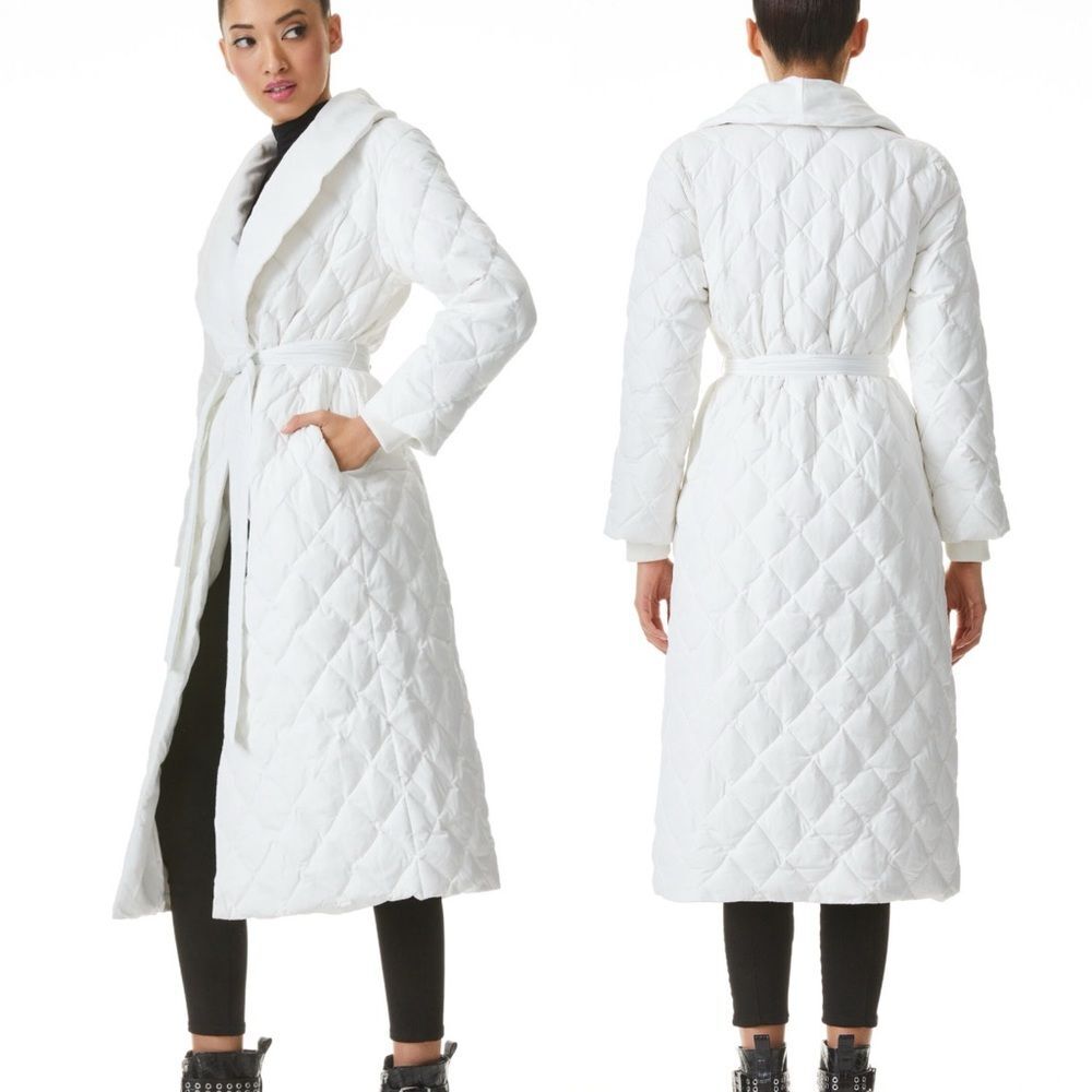 Alice + Olivia Helena Maxi Puffer Coat XS NWT White Faux Leather Quilted Belted